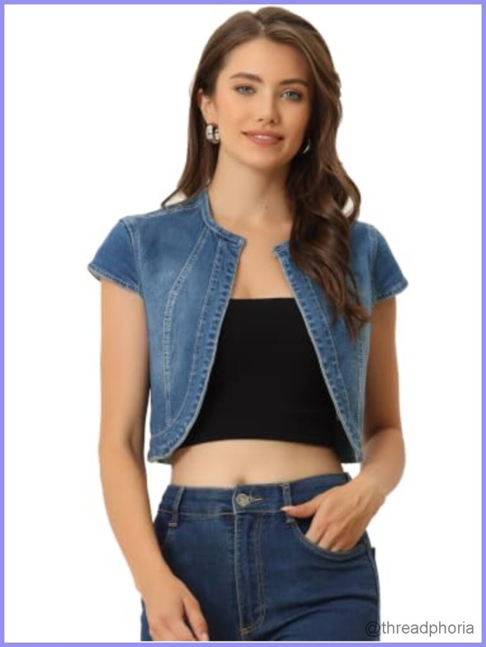 Allegra K Womens Cropped Denim Jacket Short Sleeve Collarless Casual Jean Jacket